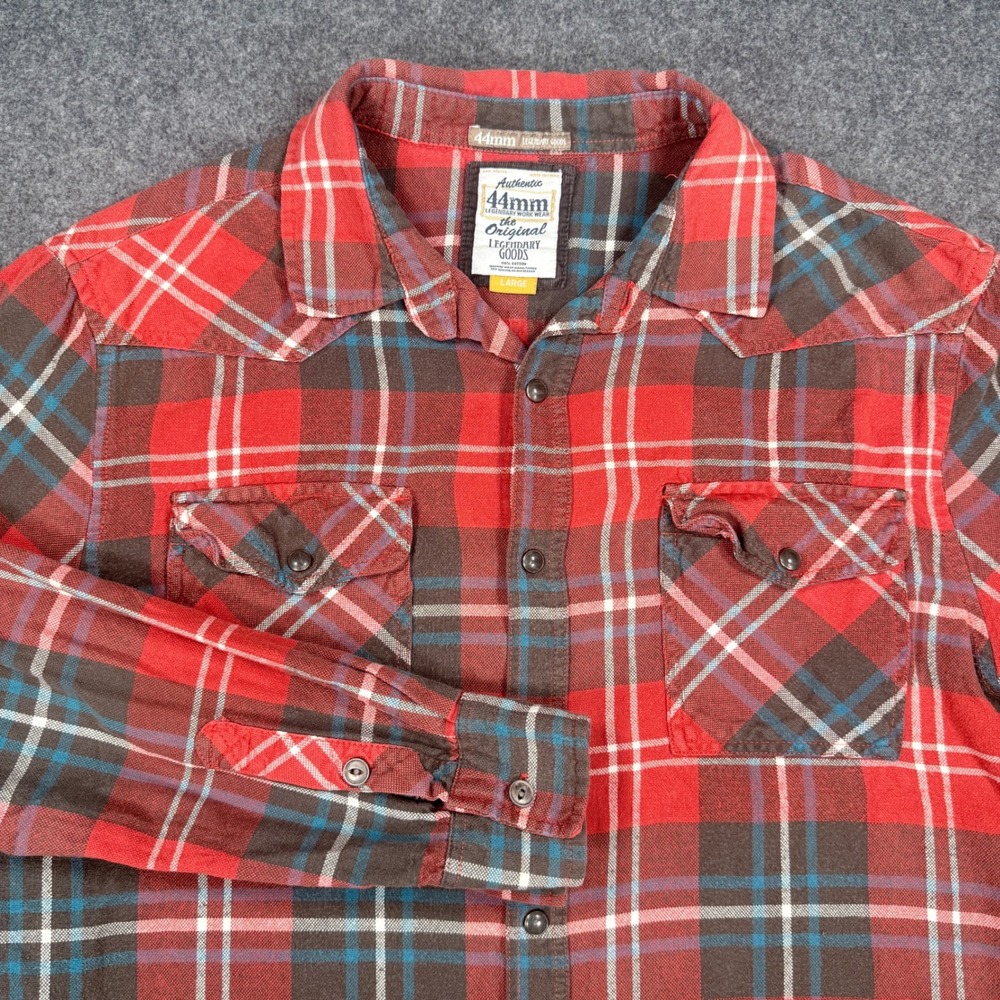 44mm Legendary Workwear Mens Large Red Plaid Flannel Shirt Western Snap Button